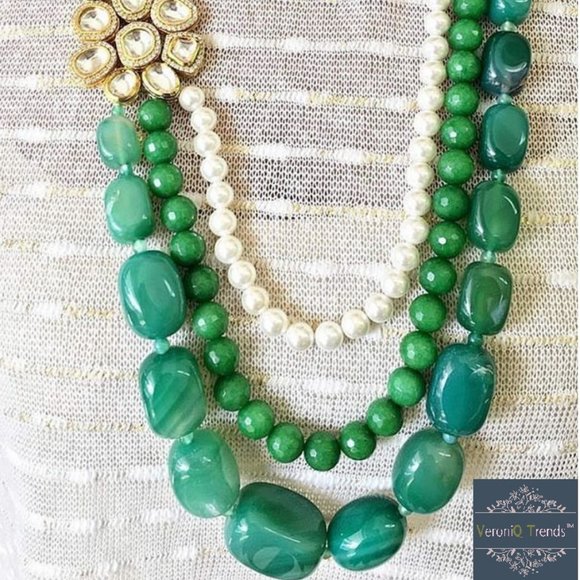 VeroniQ Trends™ Jewelry - VeroniQ Trends-Multilayer Kundan Necklace In Mint Green Quartz Beads And Pearls
